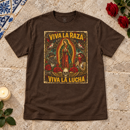 Viva La Raza Lucha T Shirt Brown flat lay creative with a meaningful themed background