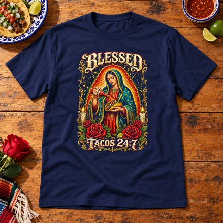 Blessed - Tacos 24:7 T Shirt Navy flat lay creative with a meaningful themed background