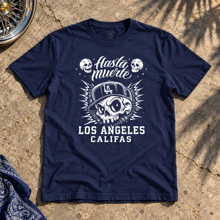 Hasta La Muerte T Shirt Navy flat lay creative with a meaningful themed background