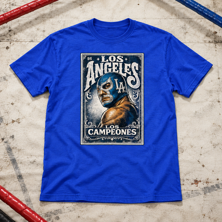 Lucha Los Angeles Loteria T Shirt Blue flat lay creative with a meaningful themed background