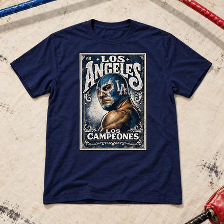 Lucha Los Angeles Loteria T Shirt Navy flat lay creative with a meaningful themed background