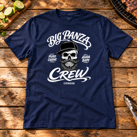 Big Panza Chingón T Shirt Navy flat lay creative with a meaningful themed background