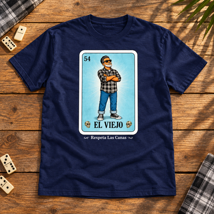 El Viejo OG T Shirt Navy flat lay creative with a meaningful themed background