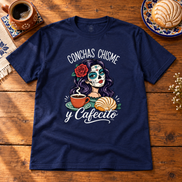 Concha, Chisme Y Cafecito T Shirt Navy flat lay creative with a meaningful themed background