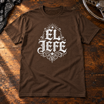 El Jefe T Shirt Brown flat lay creative with a meaningful themed background