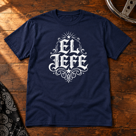 El Jefe T Shirt Navy flat lay creative with a meaningful themed background