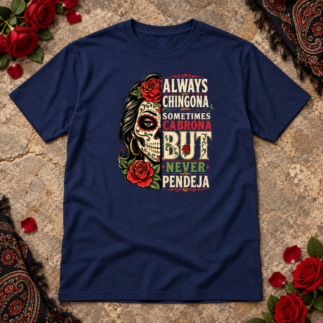 Always Chingona Sometimes Cabrona But Never Pendeja T Shirt Navy flat lay creative with a meaningful themed background