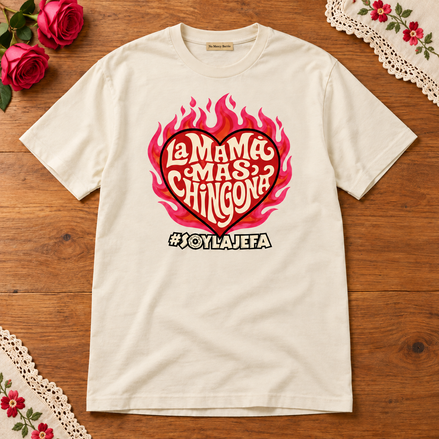 La Mamá Más Chingona Flame Heart T Shirt Beige flat lay creative with a meaningful themed background
