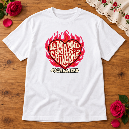 La Mamá Más Chingona Flame Heart T Shirt White flat lay creative with a meaningful themed background