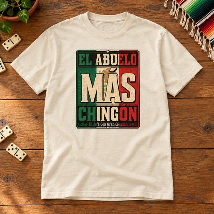 El Abuelo Mas Chingon Jefe Con Gran Corazon T Shirt Beige flat lay creative with a meaningful themed background
