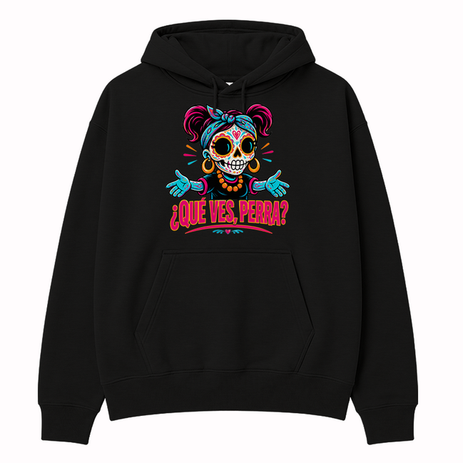 Qué Ves, Perra Neon Calavera Hoodie