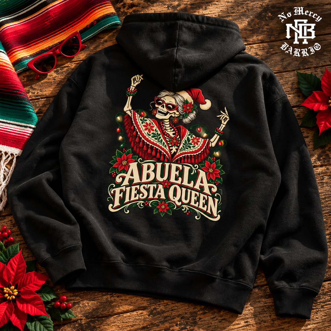 Abuela Fiesta Queen Hoodie Black — Flatlay creative