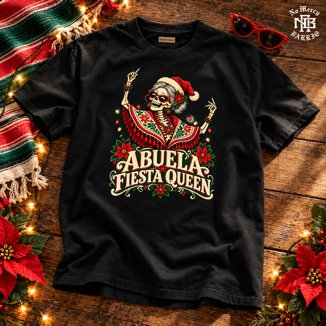 Abuela Fiesta Queen T Shirt Black — Flatlay creative