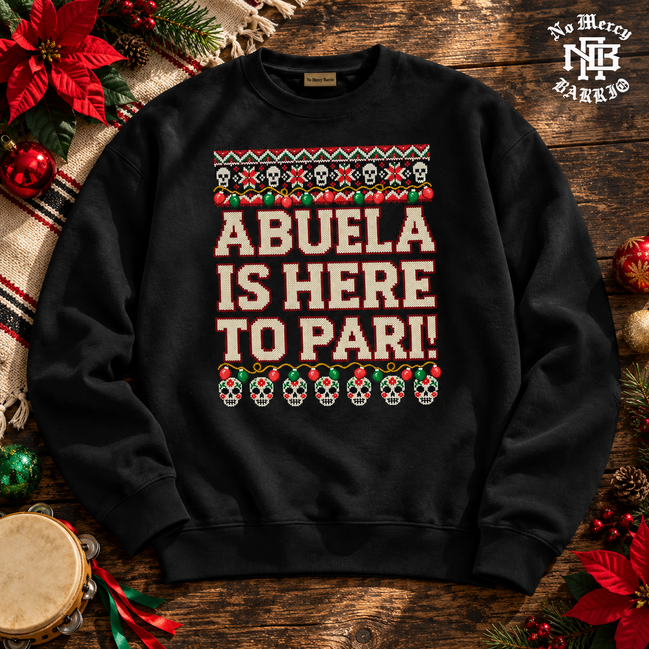 Abuela Is Here To Pari Fiesta Stitch Sweater Black — Flatlay creative