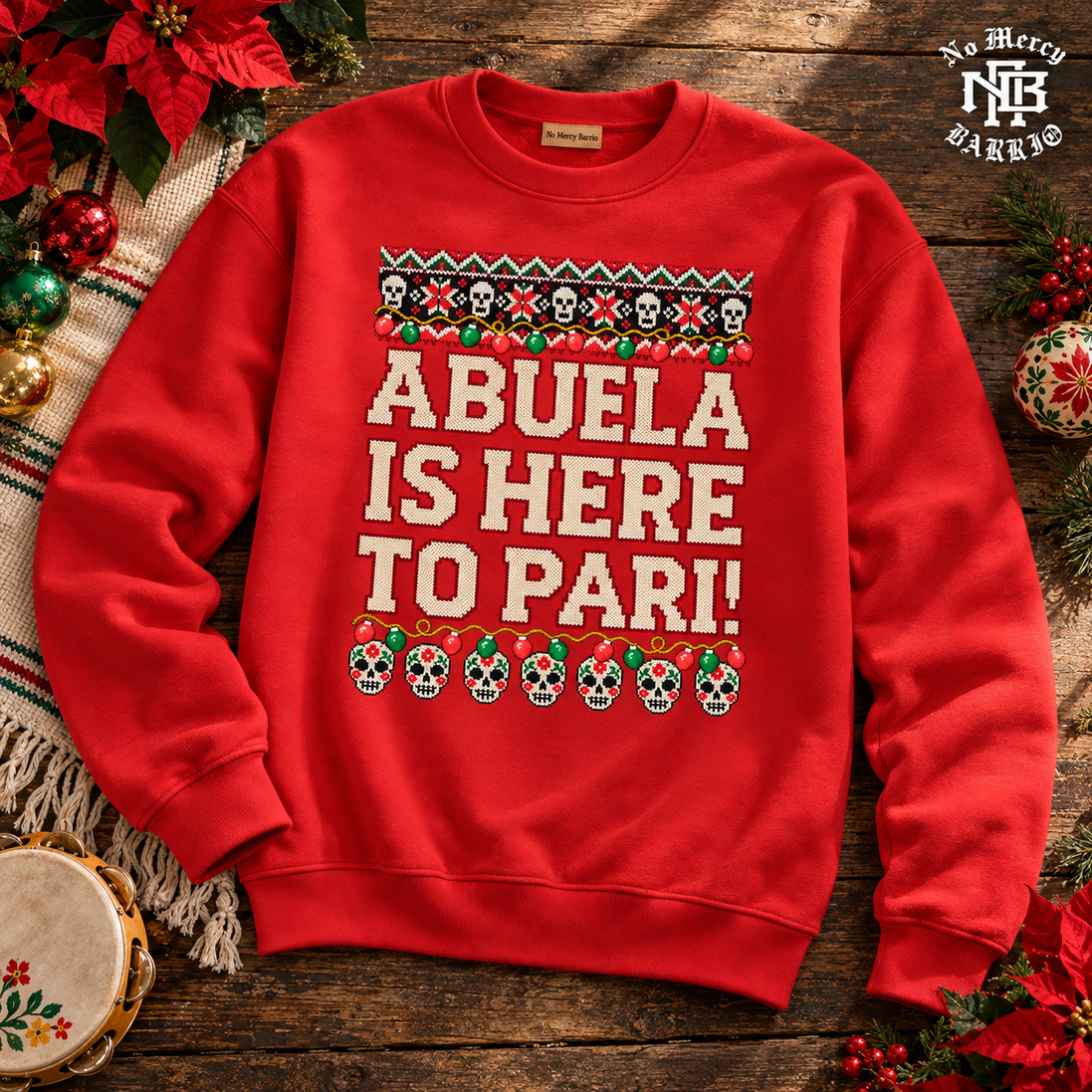 Abuela Is Here To Pari Fiesta Stitch Sweater Red — Flatlay creative
