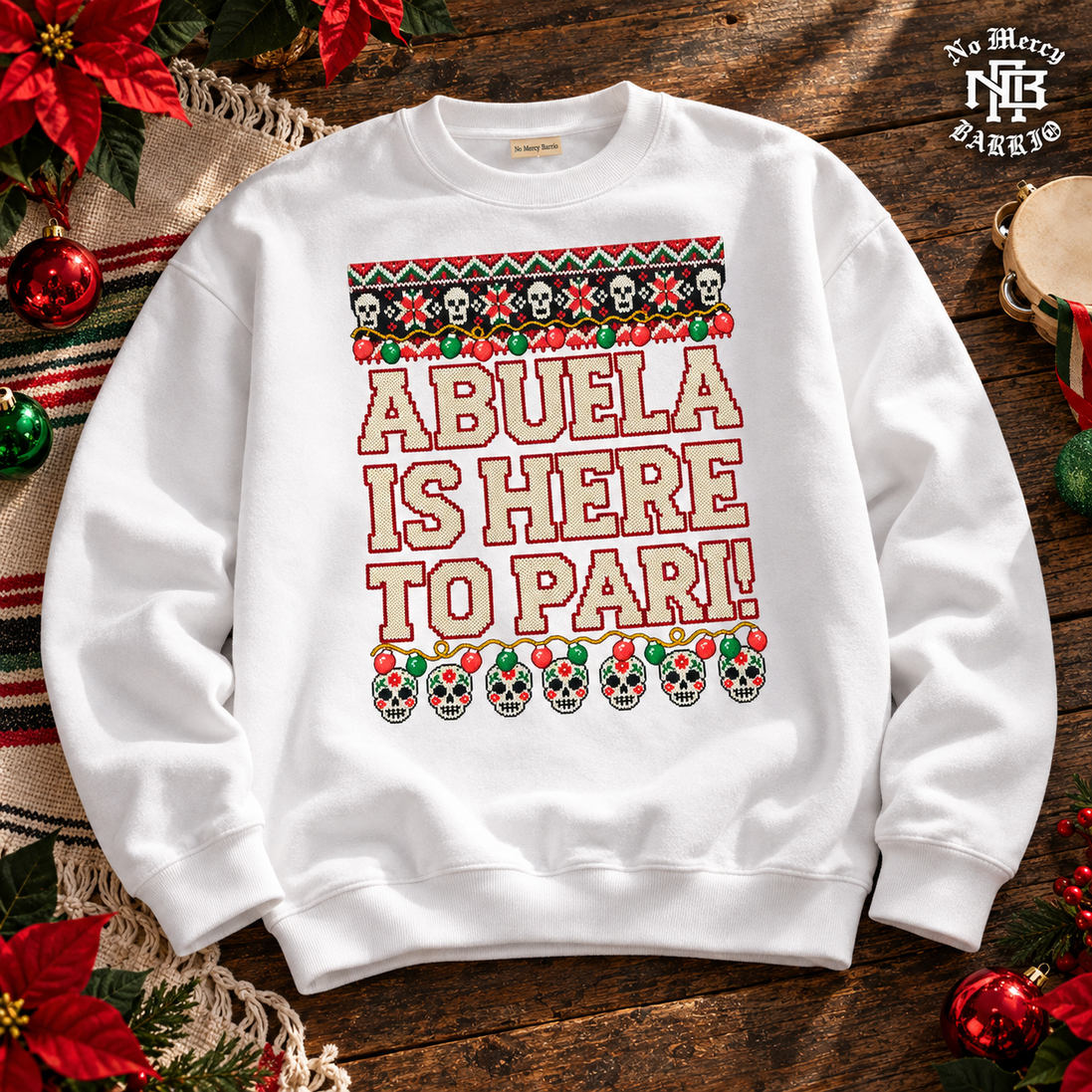 Abuela Is Here To Pari Fiesta Stitch Sweater White — Flatlay creative