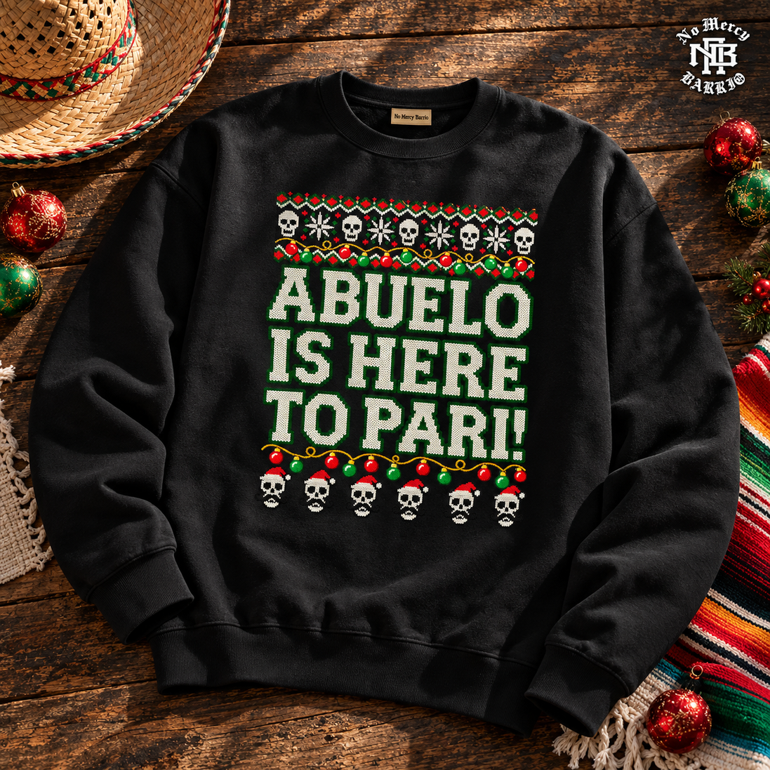 Abuelo Is Here To Pari Fiesta Stitch Sweater Black — Flatlay creative