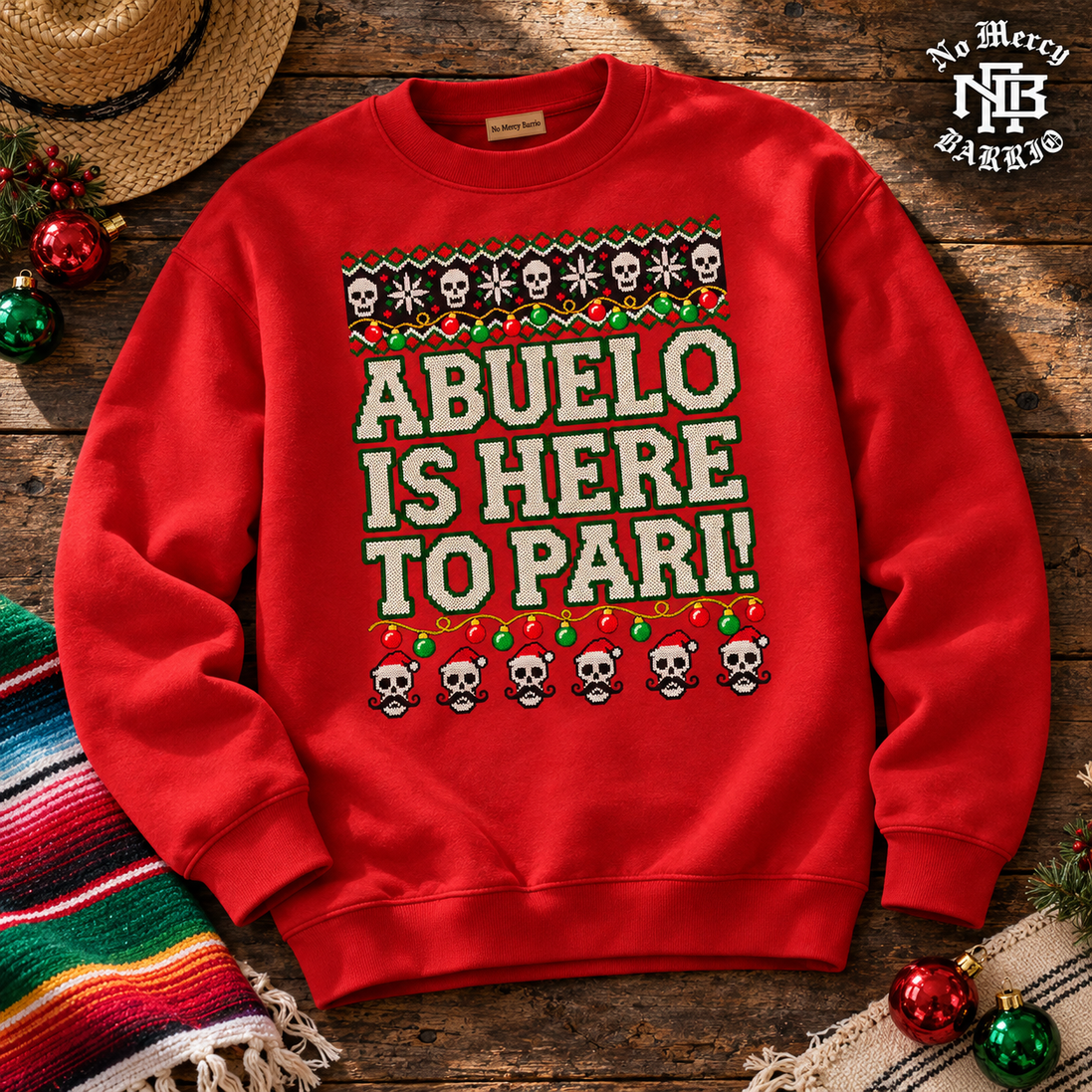 Abuelo Is Here To Pari Fiesta Stitch Sweater Red — Flatlay creative