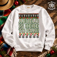 Abuelo Is Here To Pari Fiesta Stitch Sweater White — Flatlay creative