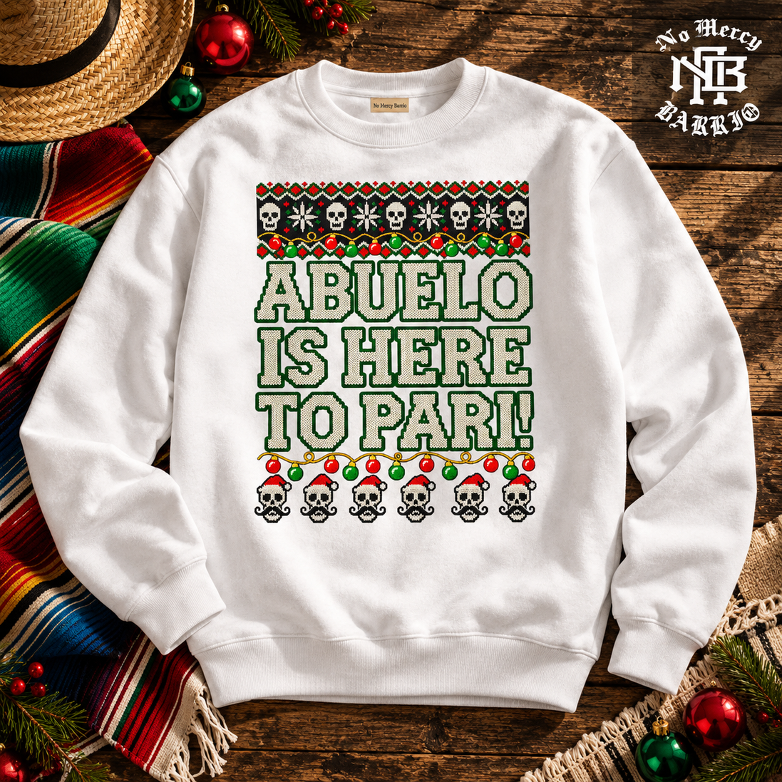 Abuelo Is Here To Pari Fiesta Stitch Sweater White — Flatlay creative