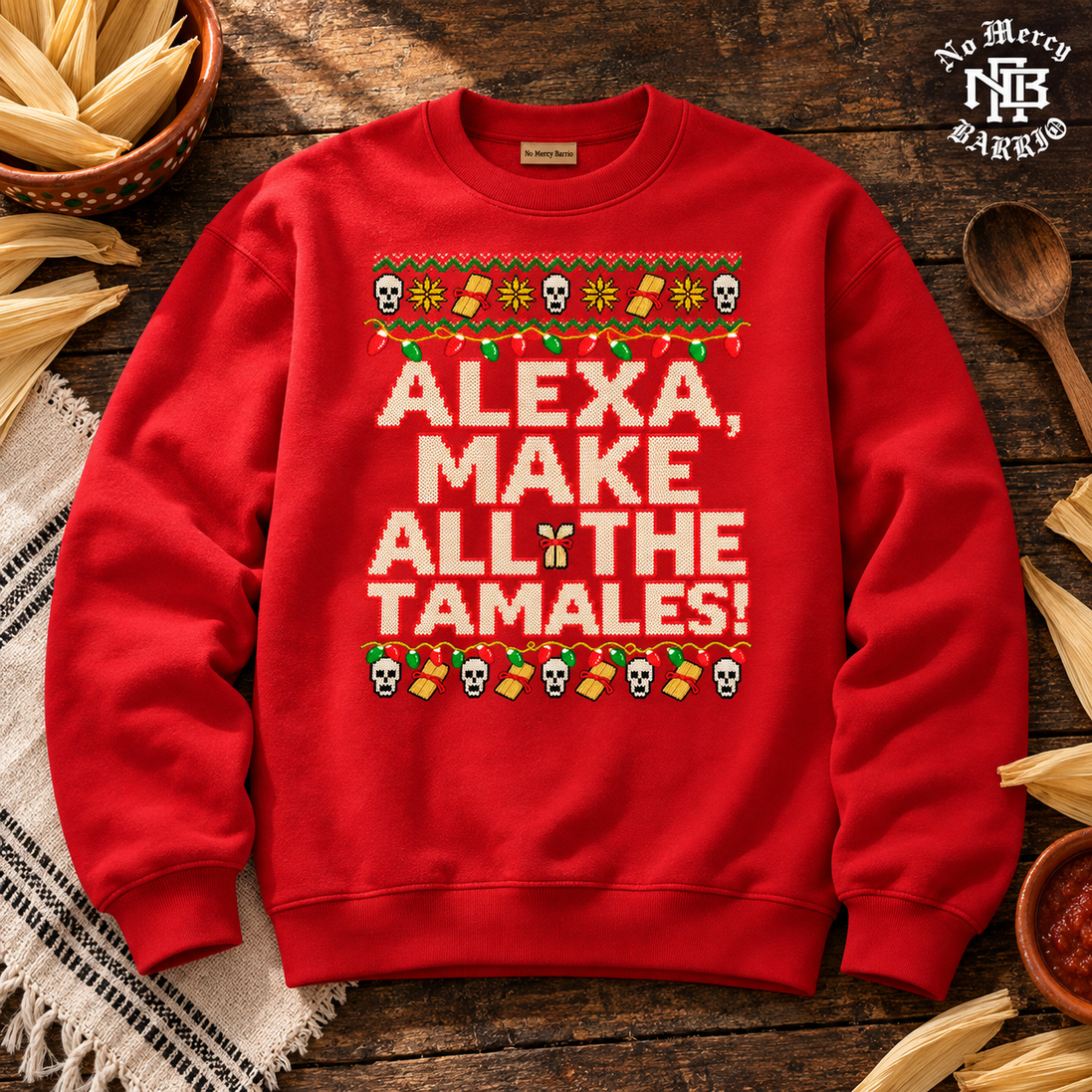 Alexa Make All The Tamales Masa Stitch Sweater Red — Flatlay creative