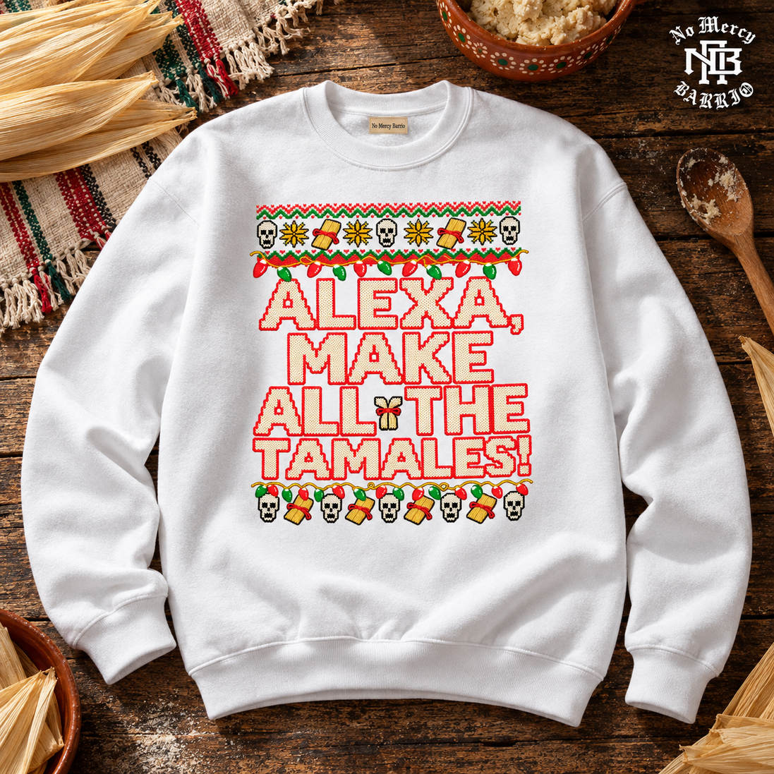 Alexa Make All The Tamales Masa Stitch Sweater White — Flatlay creative