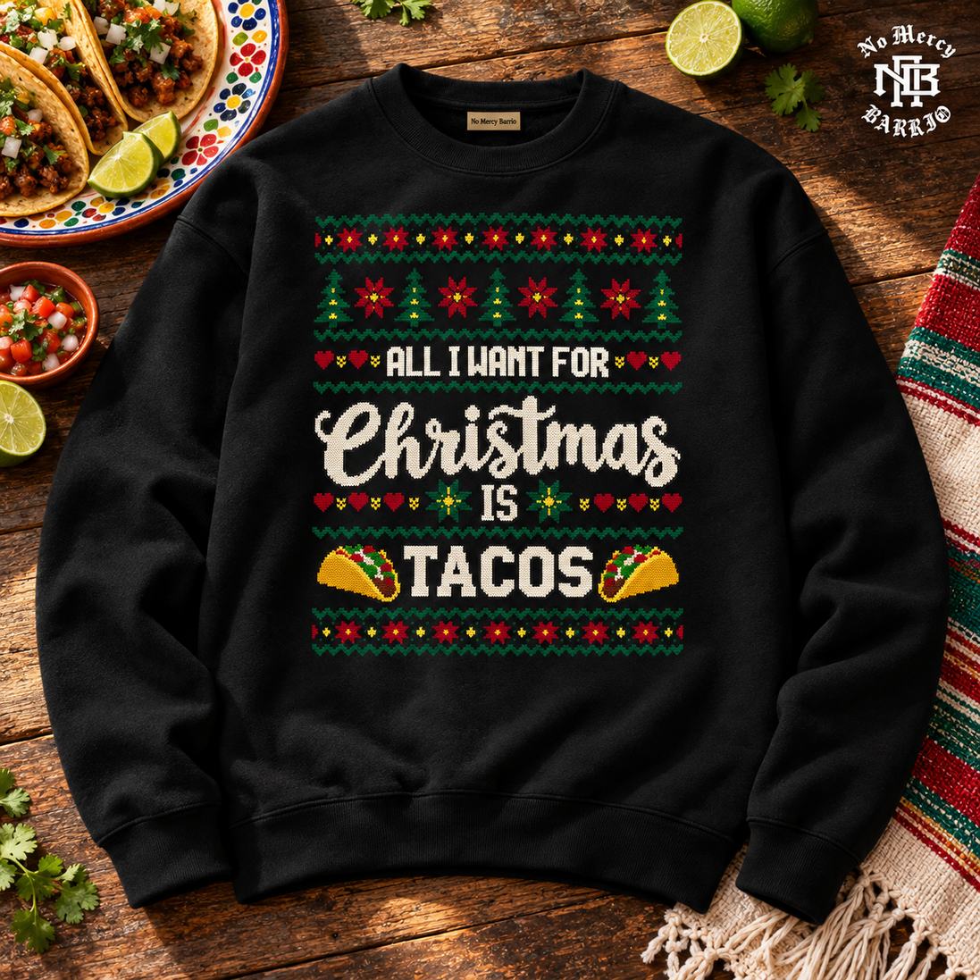 All I Want For Christmas Is Tacos Fiesta Knit Sweater Black — Flatlay creative