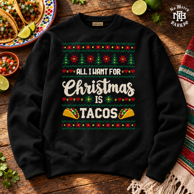 All I Want For Christmas Is Tacos Fiesta Knit Sweater Black — Flatlay creative