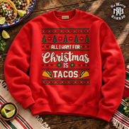 All I Want For Christmas Is Tacos Fiesta Knit Sweater Red — Flatlay creative