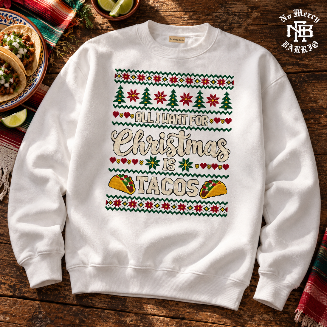 All I Want For Christmas Is Tacos Fiesta Knit Sweater White — Flatlay creative