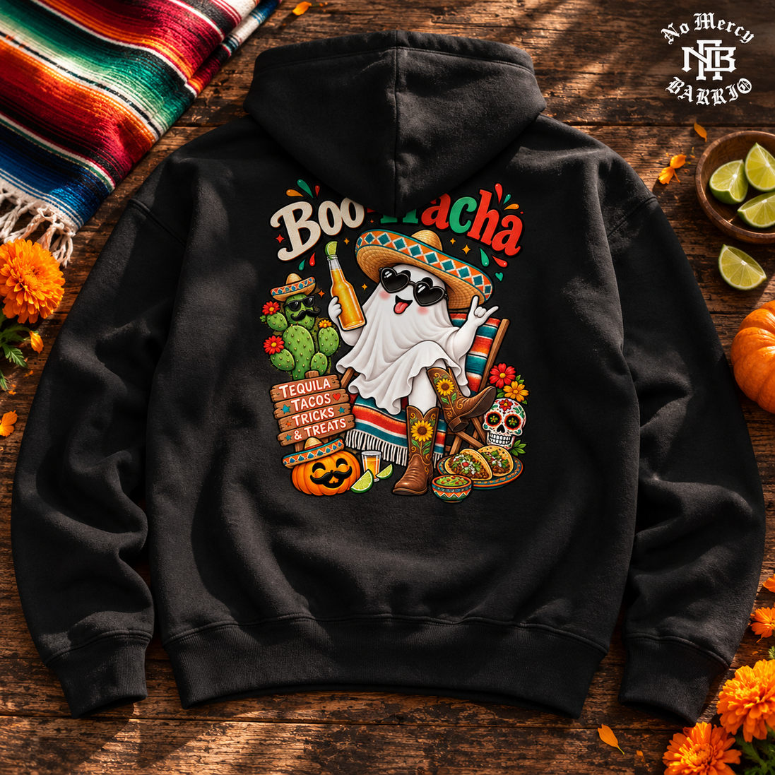 Boo-rracha Marigold Fiesta Hoodie Black — Flatlay creative