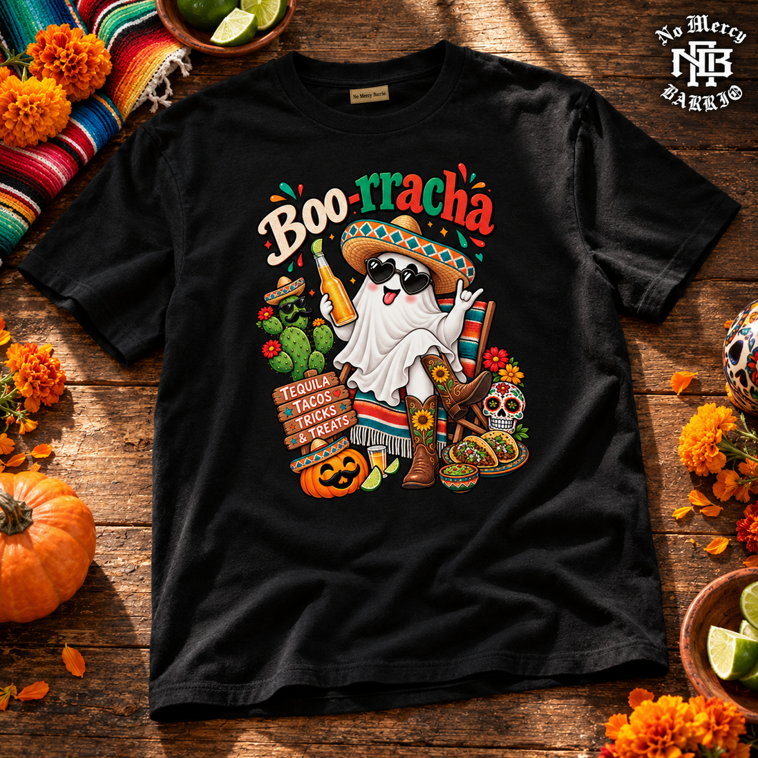 Boo-rracha Marigold Fiesta T Shirt Black — Flatlay creative