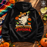 Boozy Fiesta Fantasma Hoodie Black — Flatlay creative