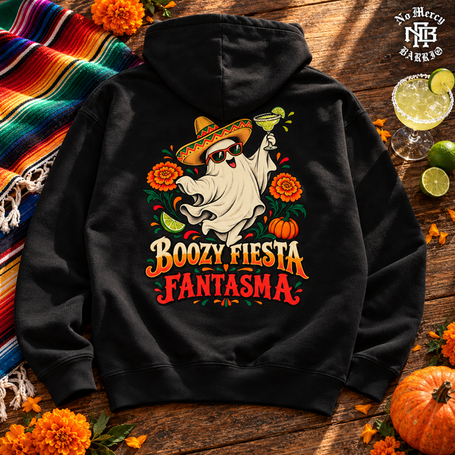Boozy Fiesta Fantasma Hoodie Black — Flatlay creative