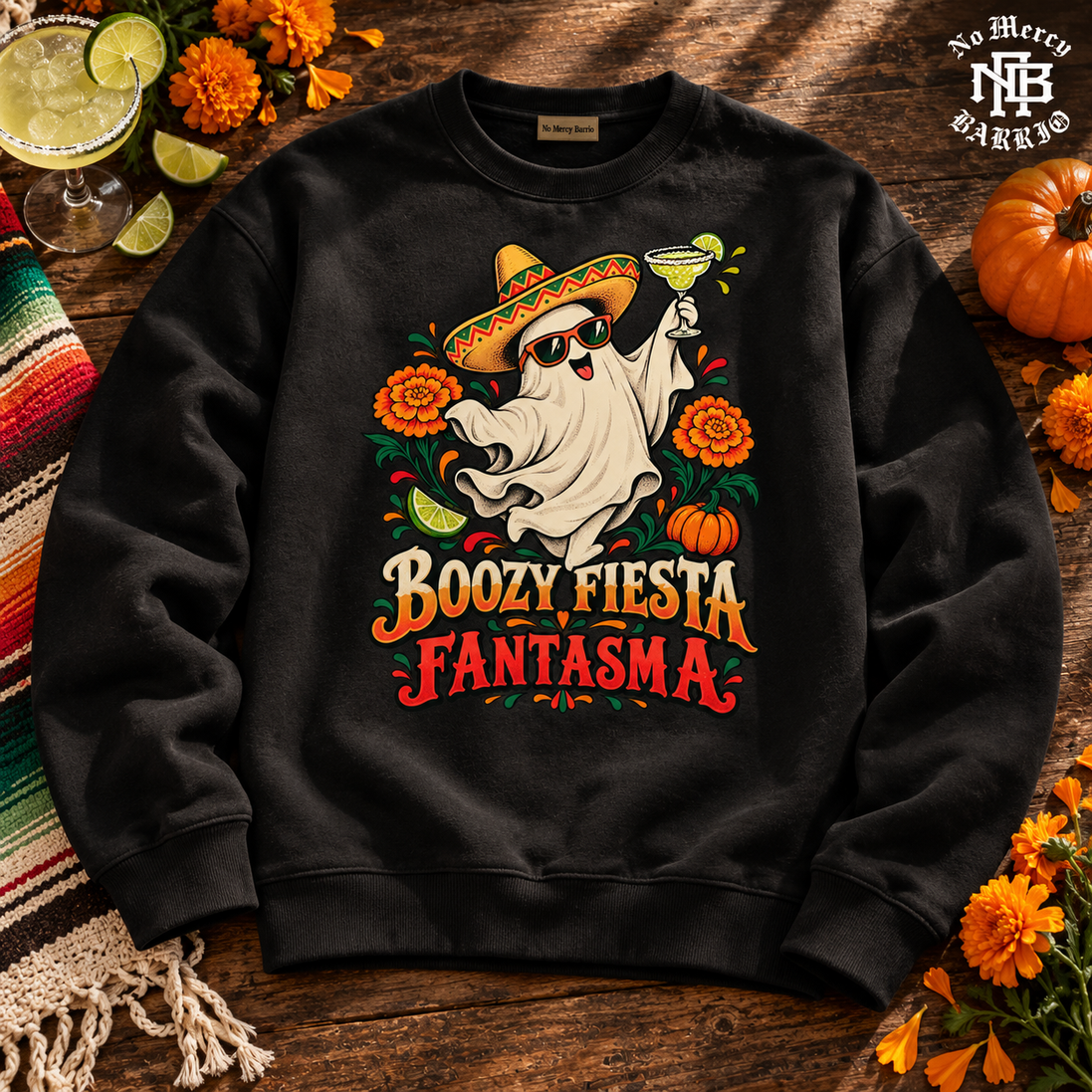 Boozy Fiesta Fantasma Sweater Black — Flatlay creative