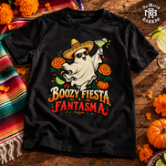Boozy Fiesta Fantasma T Shirt Black — Flatlay creative
