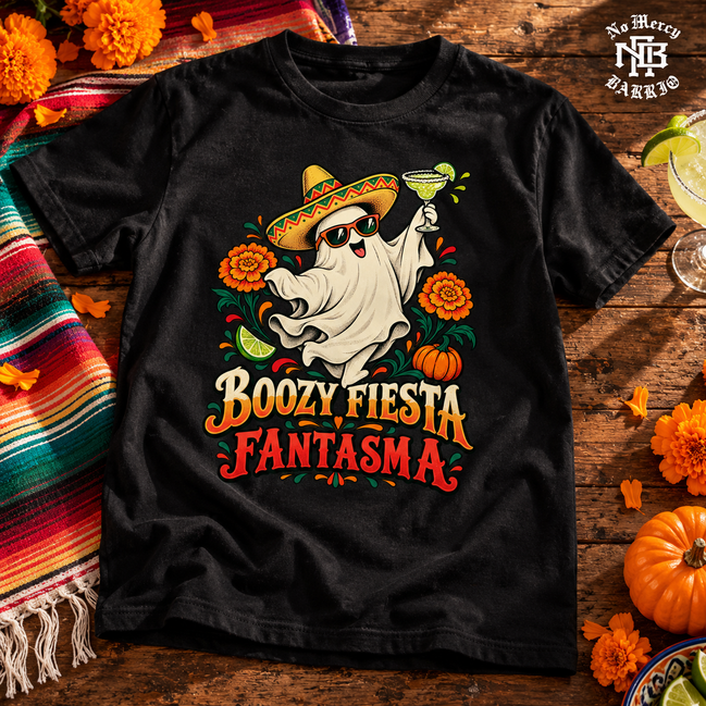 Boozy Fiesta Fantasma T Shirt Black — Flatlay creative