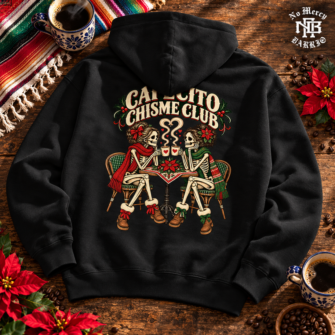 Cafecito Chisme Club Hoodie Black — Flatlay creative