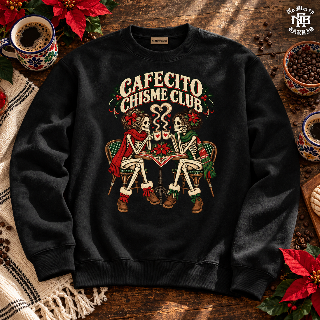 Cafecito Chisme Club Sweater Black — Flatlay creative
