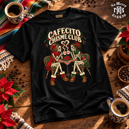 Cafecito Chisme Club T Shirt Black — Flatlay creative