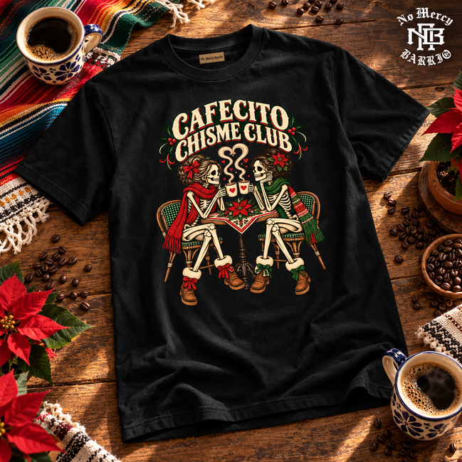 Cafecito Chisme Club T Shirt Black — Flatlay creative