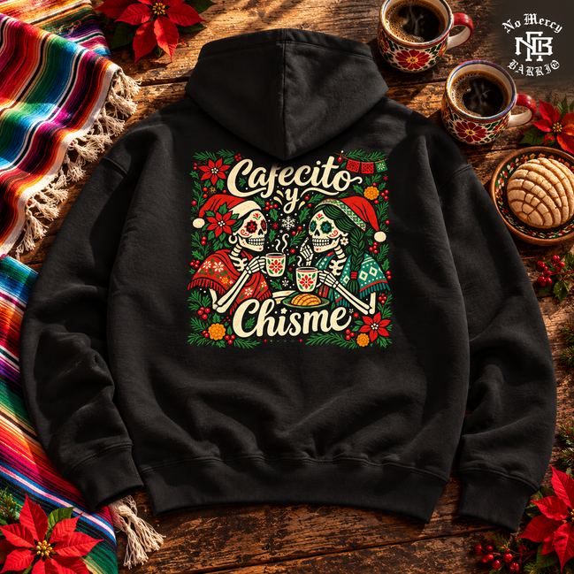Cafecito y Chisme Flor de Navidad Hoodie Black — Flatlay creative