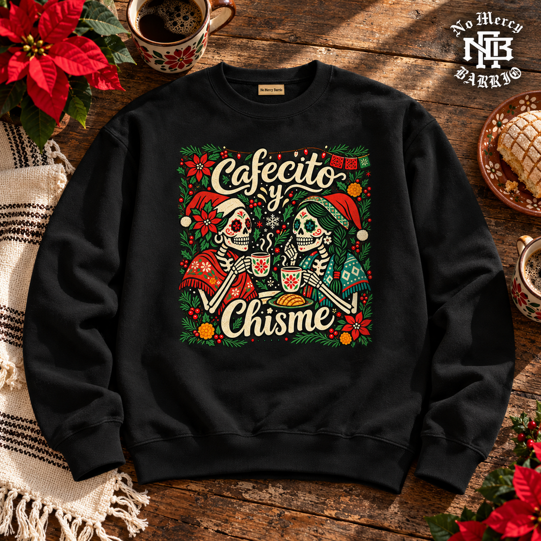 Cafecito y Chisme Flor de Navidad Sweater Black — Flatlay creative
