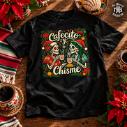 Cafecito y Chisme Flor de Navidad T Shirt Black — Flatlay creative