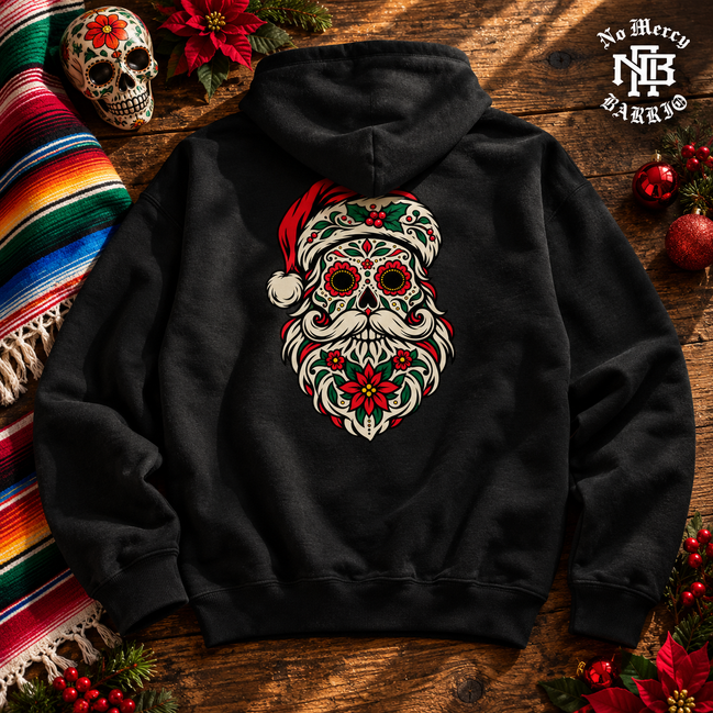 Calavera Claus Christmas Hoodie Black — Flatlay creative
