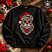 Calavera Claus Christmas Sweater Black — Flatlay creative