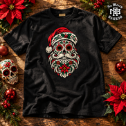 Calavera Claus Christmas T Shirt Black — Flatlay creative