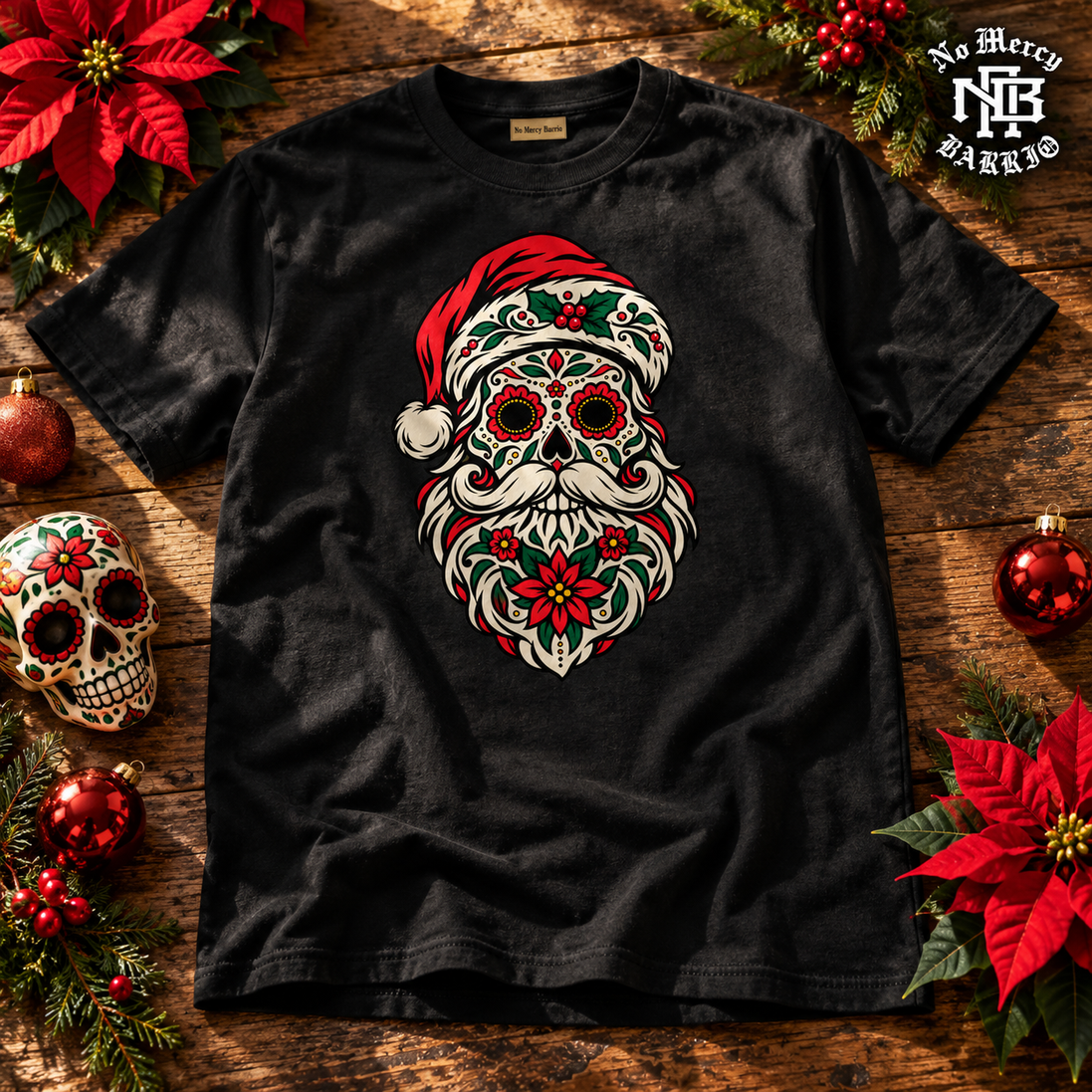 Calavera Claus Christmas T Shirt Black — Flatlay creative