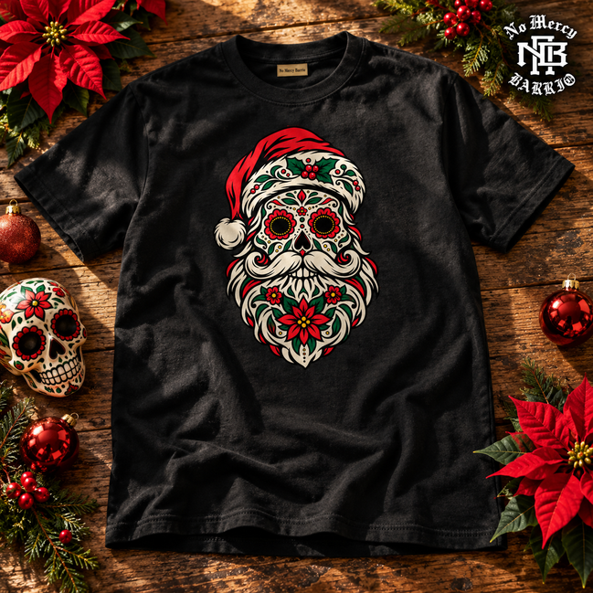 Calavera Claus Christmas T Shirt Black — Flatlay creative