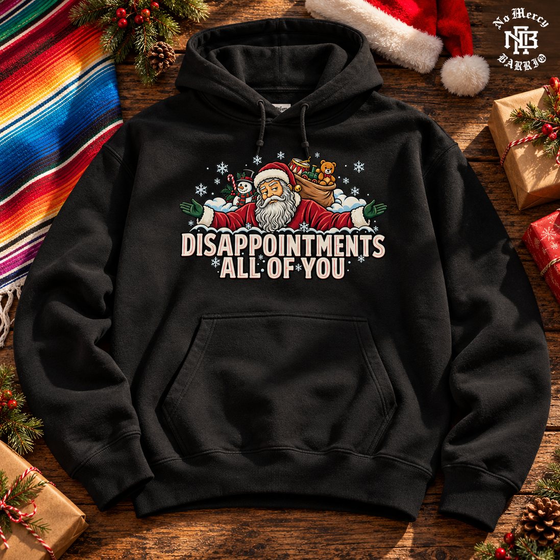 Disappointments All Of You Santa Side Eye Hoodie Black — Flatlay creative